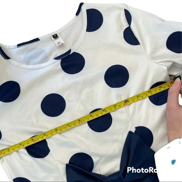 ELFIN White And Blue Polka Dot 50s Style Long Sleeve Midi Pin Up Bow Dress - Picture 5 of 9